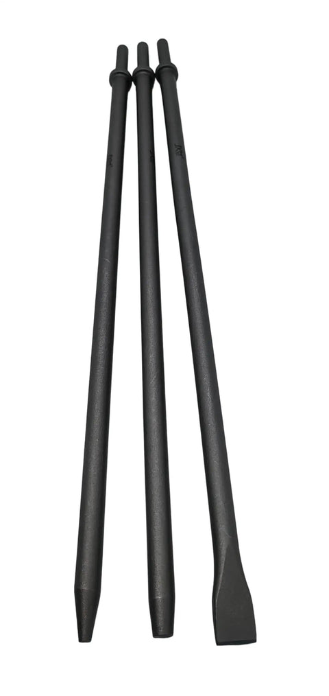 Pneumatic Taper Punch And Air Cold Chisel Three Piece Set Heavy Duty With 7 32 Inch Point Tip 3 8 Inch Point Tip And 3 4 Inch Flat Chisel 18 Inch Long Cr-Mo Alloy Steel Heat Treated Anti Slip Finish
