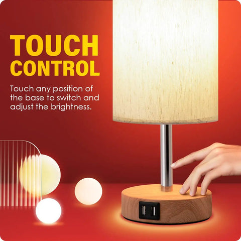 Two Pack Bedside Lamps With USB Port Touch Control 3 Way Dimmable Nightstand Lights Wood Base Round Flaxen Fabric Shade Ideal For Bedroom Living Room Dorm Office showcasing touch control on wood base