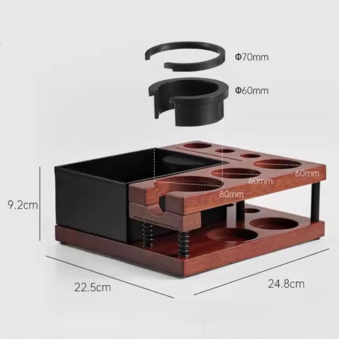 Top Shelf Solid Walnut Espresso Knockbox Station With Five Dedicated Slots For 51 54 And 58 Millimeter Portafilters, detailed dimensions.
