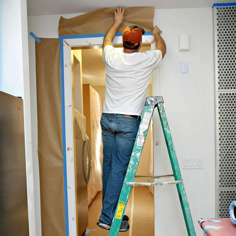 Person applying Brown General Purpose Masking Paper 12 In X 180 Ft For Painting Trim Windows And Doors on doorway