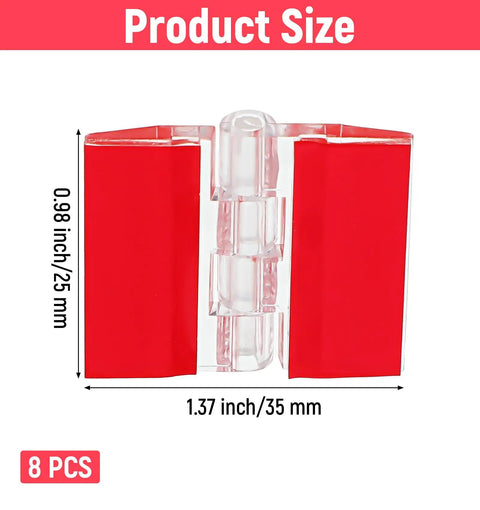 Dope Self Adhesive Clear Acrylic Hinges Pack of 16 for DIY Boxes, red transparent, size 1.37x0.98 inches, hardware detail