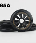 Stack of black 85A inline skate wheels replacement 3 or 4 pack, built tough for indoor outdoor use, smooth ride, durable construction.