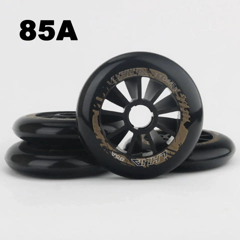 Stack of black 85A inline skate wheels replacement 3 or 4 pack, built tough for indoor outdoor use, smooth ride, durable construction.