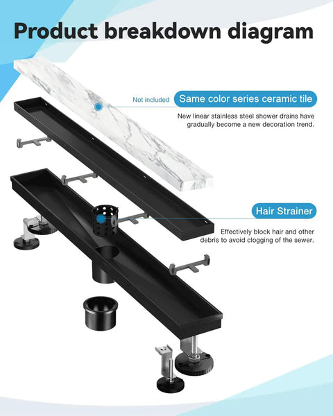 Product breakdown diagram of high capacity linear shower drain matte black 24 inch, showing components and hair strainer.