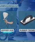 Hopper gun and rubber trowel for applying Heavy Duty Rubberized Non Slip Spray Coating for wet patios and decks.