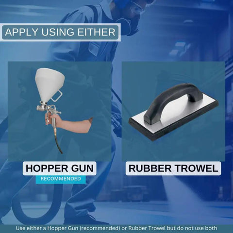 Hopper gun and rubber trowel for applying Heavy Duty Rubberized Non Slip Spray Coating for wet patios and decks.
