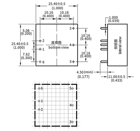 Diagram showing dimensions and layout of a 10 Pack Top Shelf Isolated Dcdc Step Up Voltage Regulator Board.