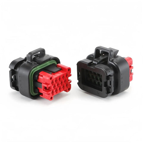 Sick Build Essentials 14 Pin EV ECU Power Connector featuring bomb proof tin plated copper contacts, shown from two angles.