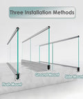 Heavy Duty Aluminum Glass Railing Spigot Kit Tough As Nails showing flush, ground, and side mount installation methods on glass panels.