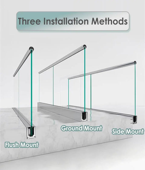 Rock Solid Heavy Duty Aluminum Glass Spigot Clamps For Pool Fencing And Deck Guardrails Silver Finish displayed with flush, ground, and side mount options.
