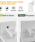 2 Pack Dusk To Dawn Outdoor Wall Sconces With Photocell Sensor comparison showing built-in sensor versus no sensor