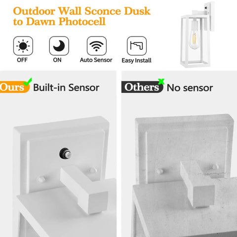 2 Pack Dusk To Dawn Outdoor Wall Sconces With Photocell Sensor comparison showing built-in sensor versus no sensor