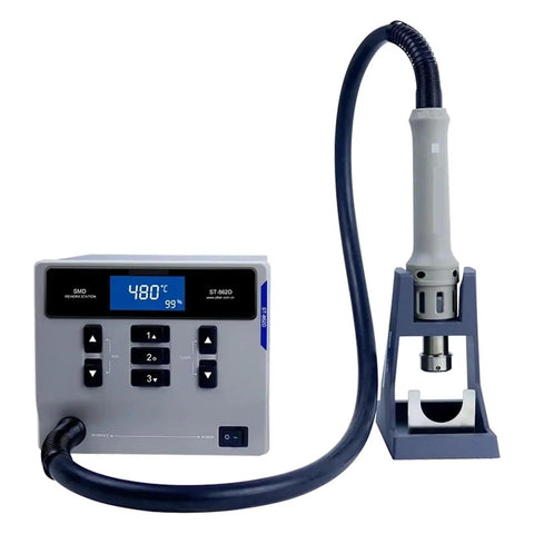 High-Power 1000W Hot Air Soldering Station With 100 to 480 C Range, 120 L Min Airflow, Brushless Fan, Lead-Free Soldering, BGA Rework And Desoldering, PCB Chip Repair Kit For Quick Pro-Grade Repairs on display with digital controls and nozzle holder.