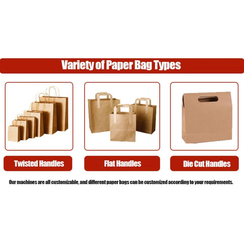 Variety of paper bag types for Automatic Paper Tote Bag Making Machine For Shopping Bags Top Notch Pro Grade Tote Forming Equipment.