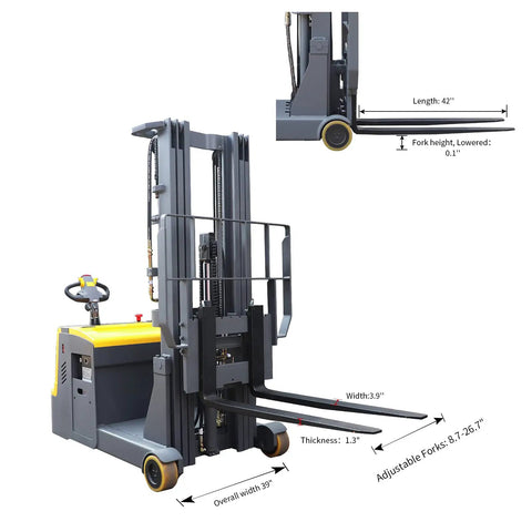 Heavy Hitter Electric Counterbalanced Stacker And Warehouse Material Lift Packing 3300 Lb Load, 177 Inch Max Height, Wide Forks, And Built Like Tank German Steel Mast