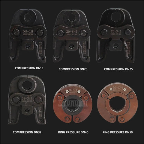 Heavy Duty Electric Hydraulic Crimper For Water Pipes Cordless Stainless Steel Ring Press Tool With 15-50mm Mold Set showing various compression and ring pressure dies.