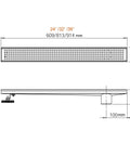 Technical diagram of 36 Inch Offset Linear Shower Drain with side outlet and Quadrato grate cover dimensions and leveling feet.