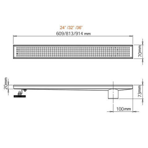Technical diagram of 36 Inch Offset Linear Shower Drain with side outlet and Quadrato grate cover dimensions and leveling feet.