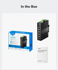5 Port Gigabit Industrial Network Switch With DIN Rail Mount IP40 Rated And Polarity Reversal Protection included in box, IG1005 and manual