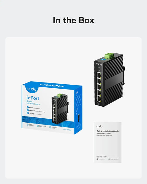 5 Port Gigabit Industrial Network Switch With DIN Rail Mount IP40 Rated And Polarity Reversal Protection included in box, IG1005 and manual