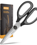 All Purpose Kitchen Scissors Workhorse Heavy Duty Stainless Steel Shears That Come Apart For Easy Cleaning With Soft Comfort Grip Handles 8.3 Inch Black Ultra Sharp Serrated Blades For Meat Fish Herbs And Food Prep, packaging and blade close-up