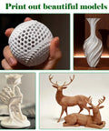 Collage of 3D printed models, including a geometric sphere, twisted vase, rose sculpture, and deer figures. Print out beautiful models.