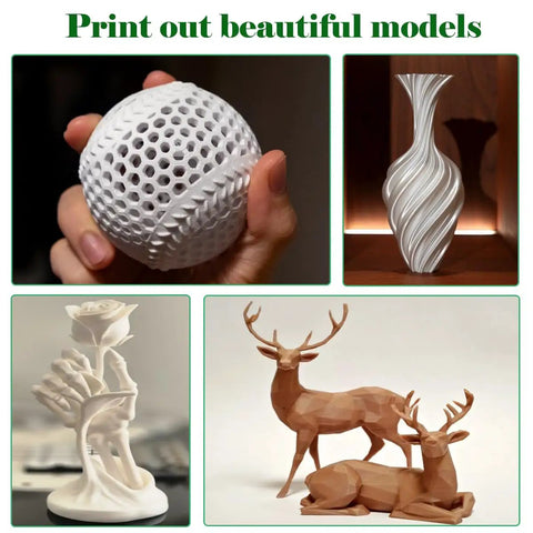 Collage of 3D printed models, including a geometric sphere, twisted vase, rose sculpture, and deer figures. Print out beautiful models.