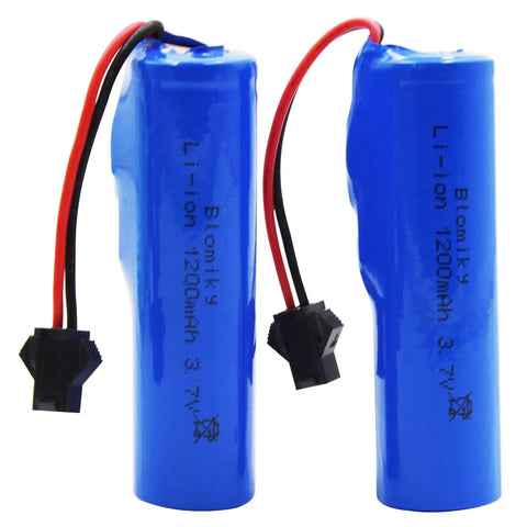 Monster Power 3.7V 1200mAh Li Ion RC Battery Pack Dual Pack With SM2P Plug And USB Cable, two blue batteries with plugs.