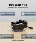 Super Handy Mini Bench Vise With Massive Suction Power Base For Jewelry, Small Crafts And Precision Clamping Tasks On Any Smooth Surface Without Drilling on wooden table with suction cup base