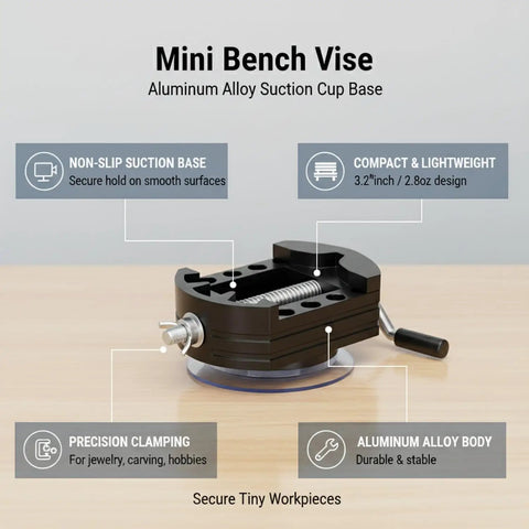 Super Handy Mini Bench Vise With Massive Suction Power Base For Jewelry, Small Crafts And Precision Clamping Tasks On Any Smooth Surface Without Drilling on wooden table with suction cup base