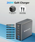 GaN 260W USB C Charger Station With 7 Ports 5 USB C And 2 USB A Fast Charging Dock For MacBook Aluminum Alloy Gray