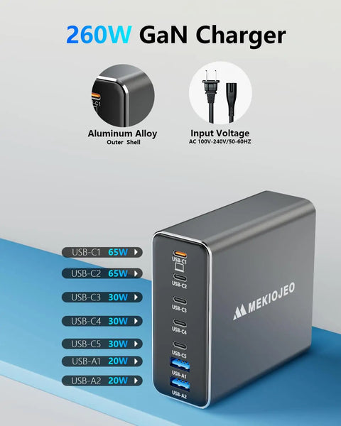 GaN 260W USB C Charger Station With 7 Ports 5 USB C And 2 USB A Fast Charging Dock For MacBook Aluminum Alloy Gray