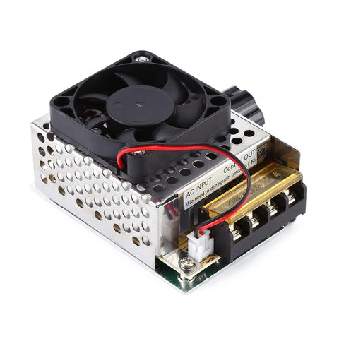 Beefy 4000W SCR Voltage Regulator and Electric Motor Speed Controller Dimmer shown with fan and circuit components