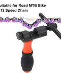 Bike Chain Breaker Tool Universal For 1 3 5 6 7 8 9 10 11 12 Speed Chains With Spare Replaceable Pin Heavy Duty Alloy Carbon Steel Chain Cutter For Road And Mountain Bikes Ergonomic Rubber Handle For No Fuss Breaks against chain background