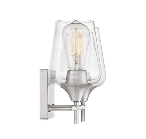 Side view of Dope Octave Bohemian Clear Glass Vanity Wall Light Two Light Bath Fixture In Warm Brass, clear glass and metal design.