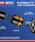 Two Pack Half Inch Female To Three Eighths Inch Male Impact Socket Adapters with CR-MO steel and markings for quick swaps