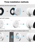 Diagram showing three installation methods for Magnetic Wall Mount For Google Nest Cameras Indoors Or Outdoors Battery 2nd Generation Replacement Base Plate.