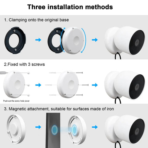 Diagram showing three installation methods for Magnetic Wall Mount For Google Nest Cameras Indoors Or Outdoors Battery 2nd Generation Replacement Base Plate.