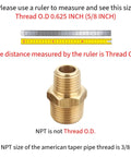 Solid Brass 3/8 Inch NPT Male To 1/4 Inch NPT Male Reducing Hex Nipples Connector with ruler measuring thread O.D.