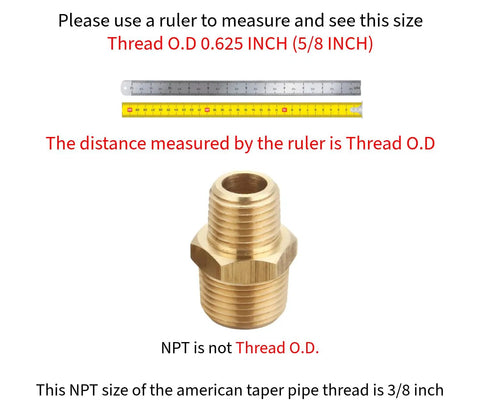 Solid Brass 3/8 Inch NPT Male To 1/4 Inch NPT Male Reducing Hex Nipples Connector with ruler measuring thread O.D.