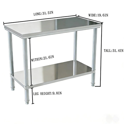 Stainless Steel Workbench With Dual Tier Storage Rack, 31.5 By 20 Inches, heavy duty prep table with lower storage shelf visible