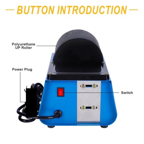 Front view of Mini Compact Single Drum Rock Tumbler Jewelry Polisher For Gold Silver Jade Metal Stone Beads Lapidary Polishing Machine showing power plug, switch, and polyurethane roller.