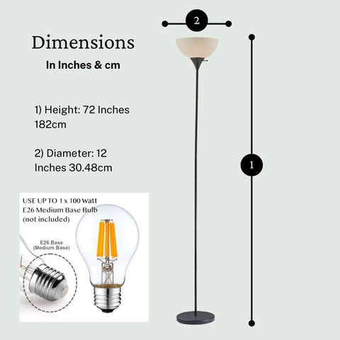 Dimensions of Dope Modern Black Floor Lamp With White Opal Bowl Shade, 72 Inch Tall, corner light, E26 bulb compatibility shown