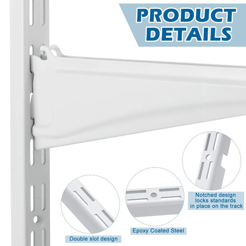 Four Piece Set Of Twelve Inch Dual Track Upright Wall Shelves With Notched Bracket Rail And Heavy Duty Adjustable Brackets For Quick Rock Solid Wall Mount Storage Setup, showing double slot design and epoxy coated steel.