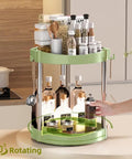 Two Tier 360 Degree Rotating Lazy Susan Spice Rack Organizer for kitchen with spices and oils, open top, green color.