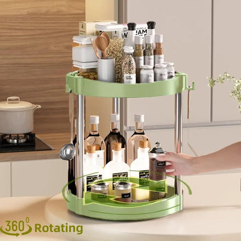 Two Tier 360 Degree Rotating Lazy Susan Spice Rack Organizer for kitchen with spices and oils, open top, green color.