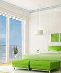 Bedroom with green decor featuring Peel And Stick 3D Crown Molding Foam Wall Border Self Adhesive Baseboard Trim White 2 Pack on ceiling.