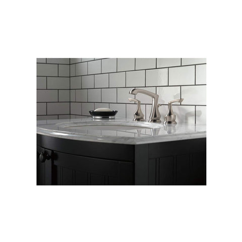 Widespread 8 Inch Two Handle Bathroom Faucet With Mid Arc Spout SpotShield Brushed Nickel Finish ADA Compliant Includes Pop Up Drain Four And A Half Inch Spout Reach Six Inch To Sixteen Inch Centers Easy Install