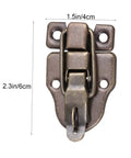 Close-up of Vintage Wooden Box Hasps And Cabinet Toggle Latches Set 2 Pack Antique Brass Duckbilled Catch, dimensions labeled
