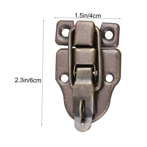 Close-up of Vintage Wooden Box Hasps And Cabinet Toggle Latches Set 2 Pack Antique Brass Duckbilled Catch, dimensions labeled